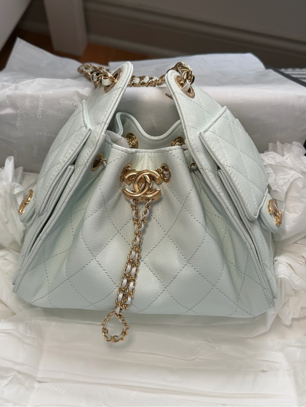 Chanel 25 Mini Handbag Light Blue Caviar Leather Gold Hardware BNIB + Bag